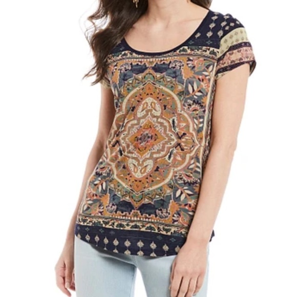 Lucky brand, indigo print, bohemian Mandala swoop neck, short sleeve blouse - Picture 1 of 6